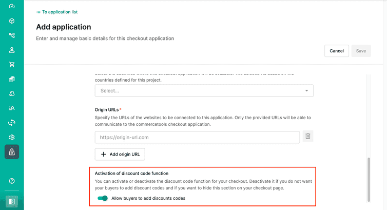 The Activation of discount code function toggle in the Application settings section