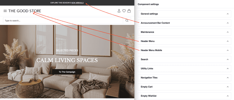 An image that maps with arrows the matching between Header configuration sections and home page elements