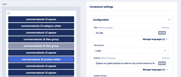 The Configuration section in the Component settings pane with its Title and Subline fields filled with the values for the new page version