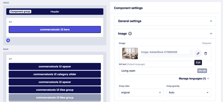 The Image section in the Component settings pane with the existing image and the related Edit icon displayed