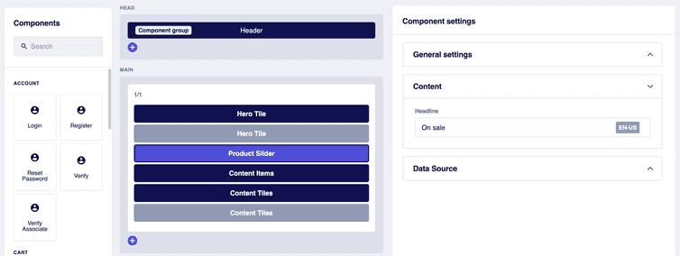 The Configuration section in the Component settings pane with its Headline fields filled with the values for the new page version