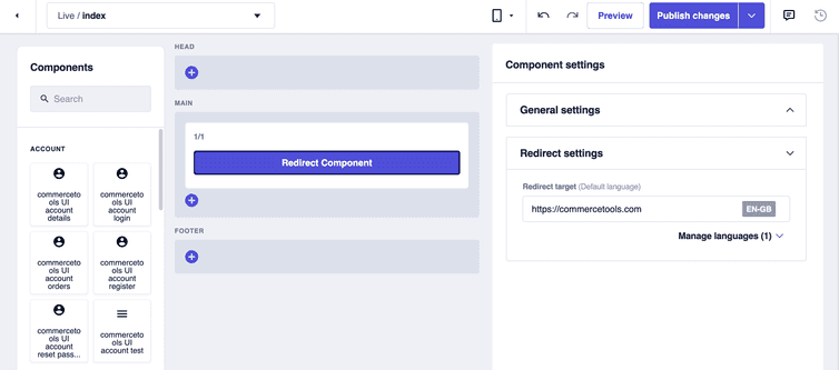The Redirect Component selected with the Redirect settings expanded