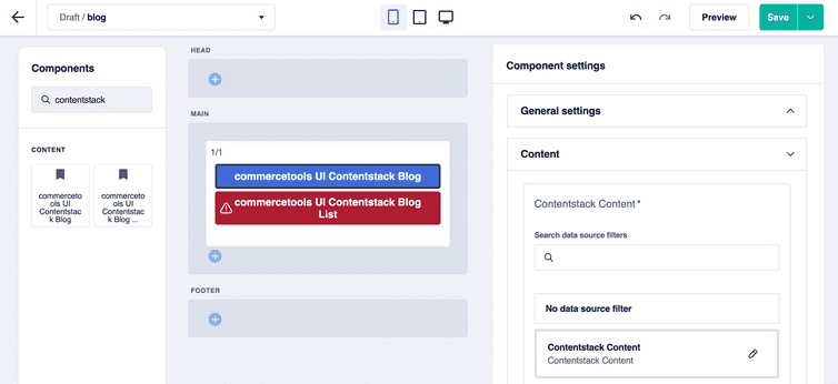 The Contentstack Blog and Contentstack Blog List Frontend components and the Component settings section in the page builder