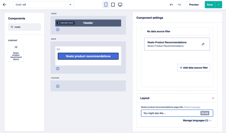 The Nosto product recommendations Frontend component and the Component settings section in the page builder