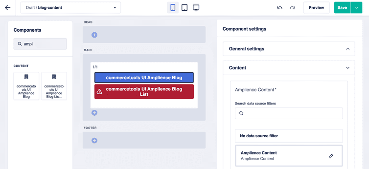 The Amplience Blog and Amplience Blog List Frontend components and the Component settings section in the page builder