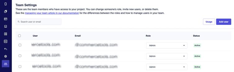 The Team settings page with the Add user button and a list of users, their roles, and status.