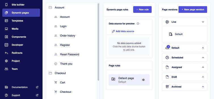 The Login dynamic page selected from the dynamic page list, and the Dynamic page rules and Page versions panes displayed