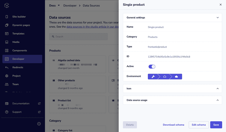 The pane with the settings of a data source in the Developer Data sources area.