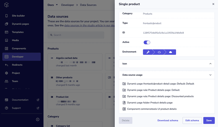 The pane with the settings of a data source in the Developer Data sources area.