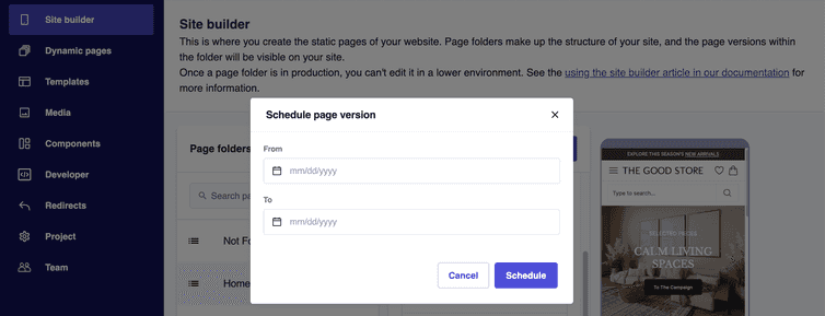 The Schedule page version dialog with the From and To fields and the Cancel and Schedule buttons.