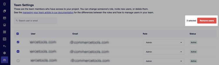 Some users selected on the team page via their respective checkboxes and the Remove users button is displayed