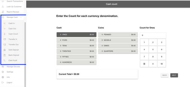 InStore_CashManagement module user interface