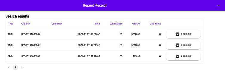 Reprint Receipt user interface