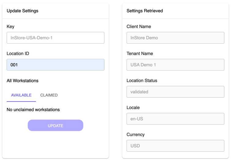 Settings page user interface