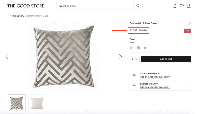 An example product detail page highlighting the use of a strikethrough price