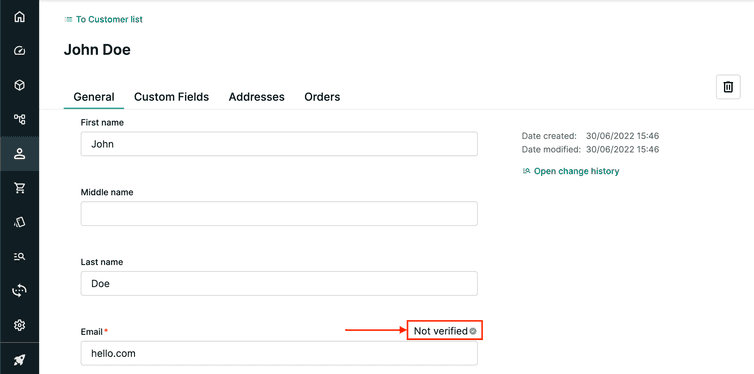 An indicator for the **Email** field to show if an email address is verified or not.