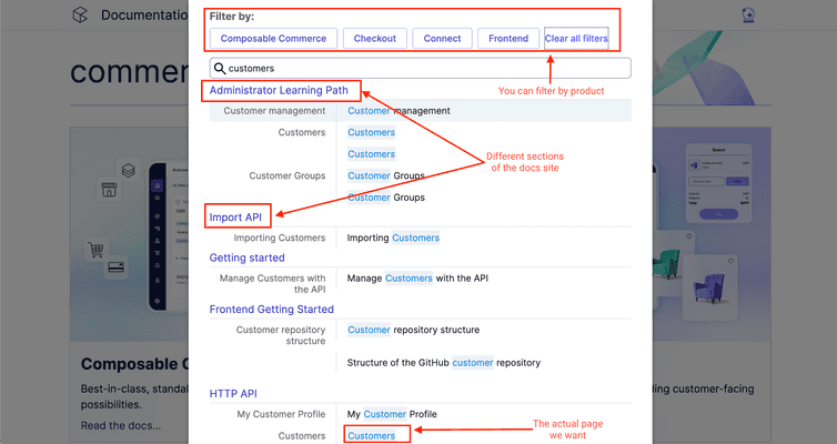 Search results for a search of customer in the docs site.