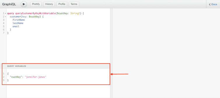Querying customer resource with query variables in GraphiQL.