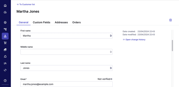 Example of Martha Jones having been created in the Customer List in Merchant Center.