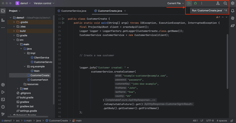 Executing CustomerCreate.java in IntelliJ IDEA.