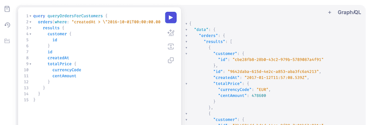 Query and response in the GraphQL Explorer