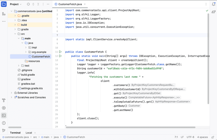 Java code copied into the customerfetch.java file.