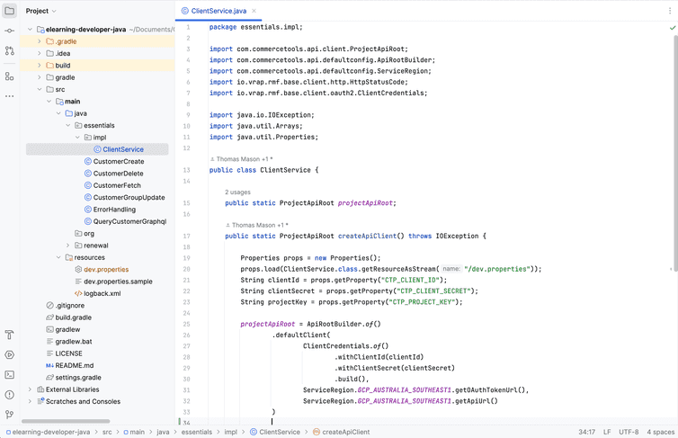 ClientService.java file with copied code inside.