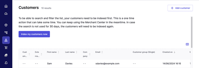 Customer list screen showing newly updated customer.