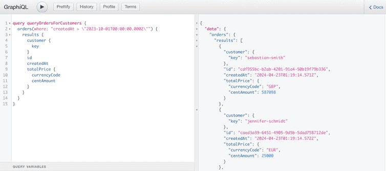 Query and response in GraphiQL.