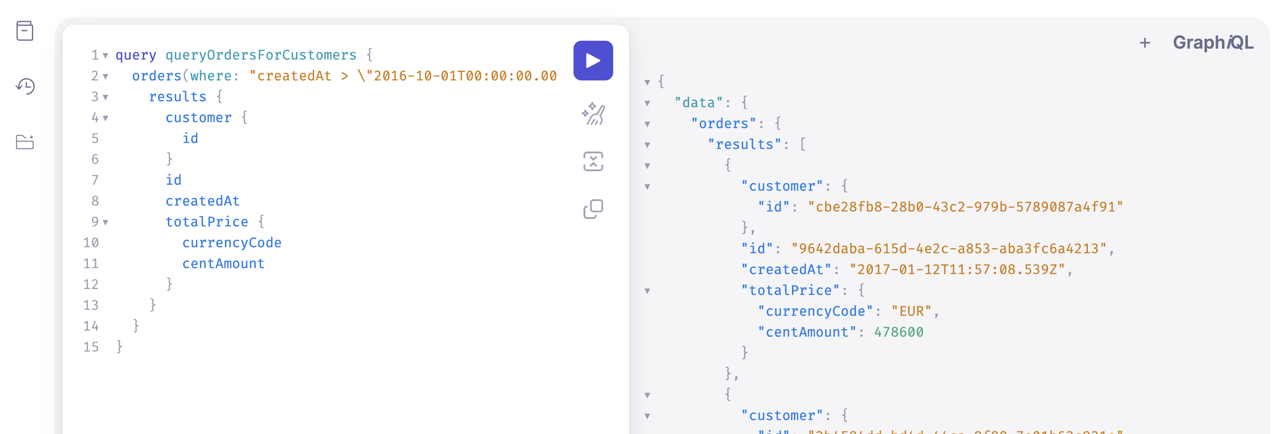 Query and response in the GraphQL Explorer