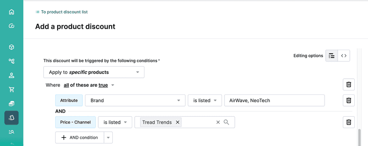 The predicate that applies the discount when Brand Attribute is AirWave and NeoTech, and Price-Channel is Tread Trends.