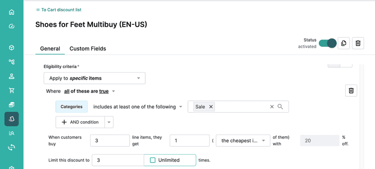 Set Cart discount effect to multibuy. Customers get 20% off the cheapest item when they buy 3.