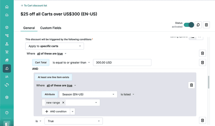 Use season attribute in combination with Cart Total to apply discount.