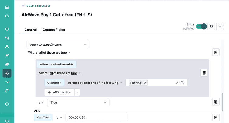 Use Category in combination with Cart Total to apply discount.