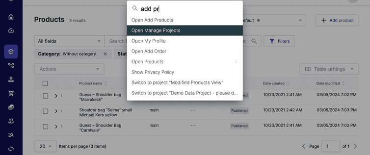 Auto-suggested results shown by Quick Access on the Merchant Center.