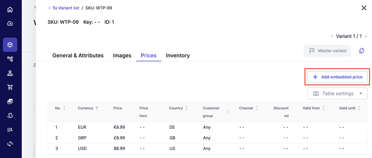 Image highlighting the UI element to add a price for a Product Variant.