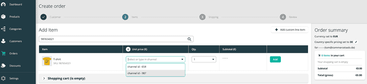 Channel selection option when creating an Order.