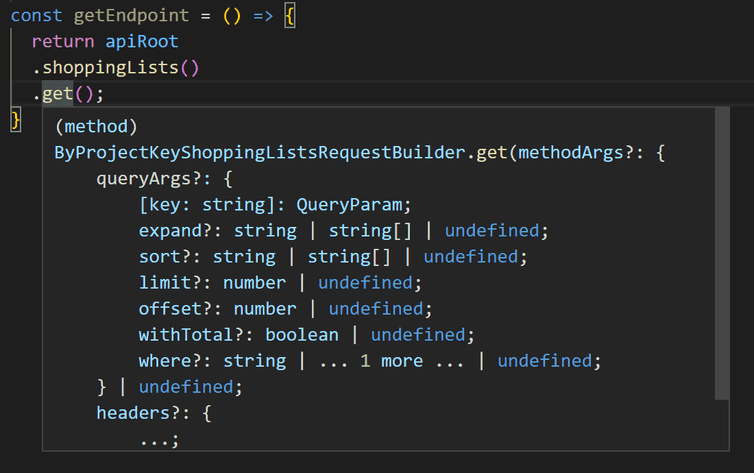 Screenshot of autocomplete for get() to the ShoppingList endpoint